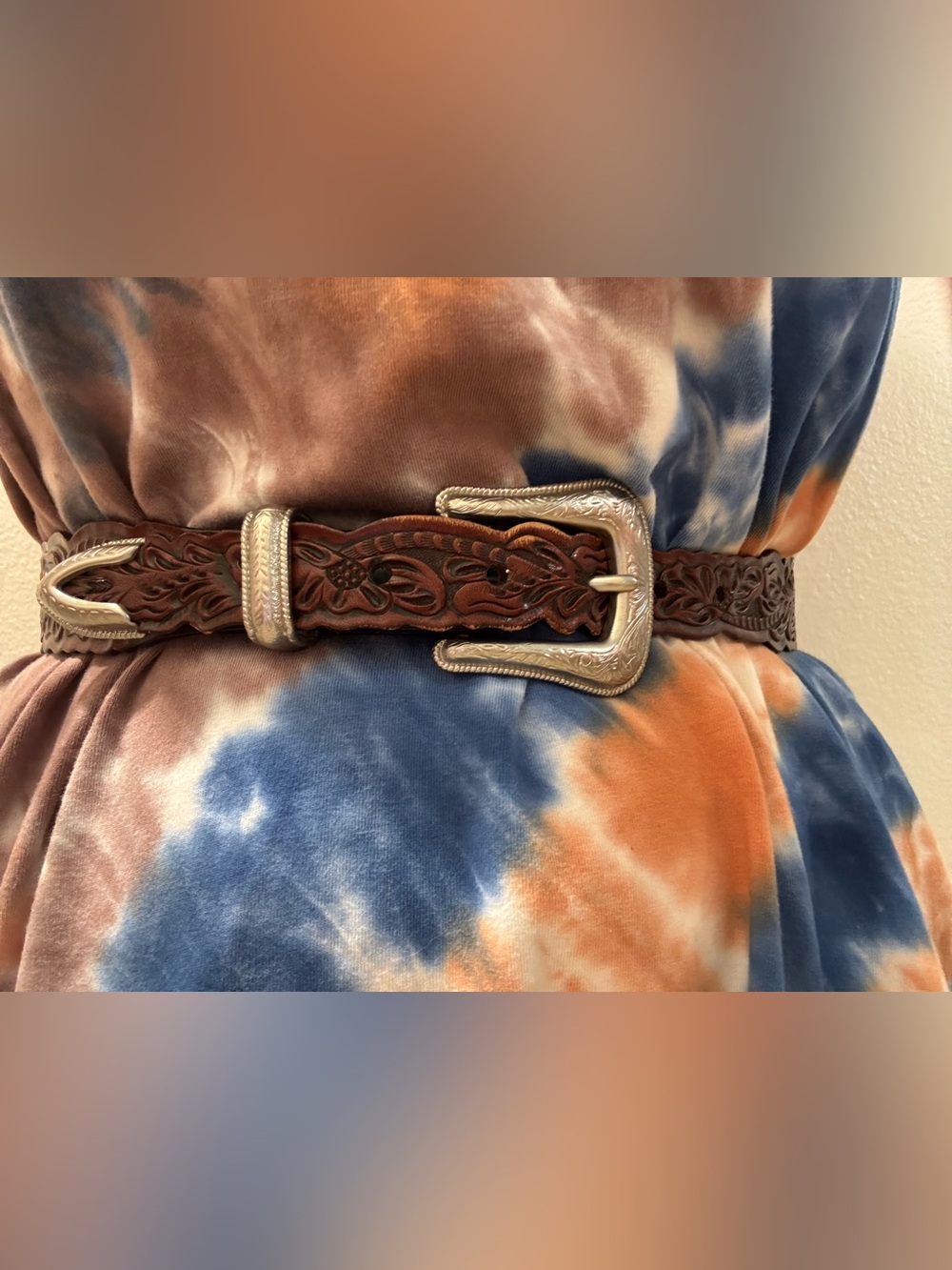 Brown Tooled Leather Western Belt with Silver Buckle